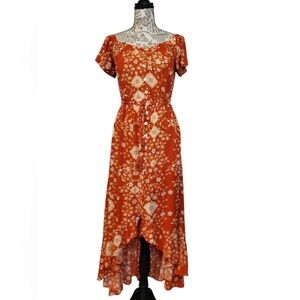 Anthropologie Abel the Label Rustica Floral Orange Hi Low Midi Dress Sz M
